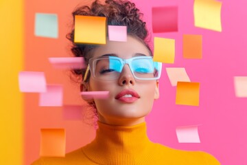 Leinwandbilder - Vibrant Holographic Office Notes Floating Sticky Notes with Neon Colors in Creative Workspace - Enhancing Brainstorming and Workflow in Modern Business Settings