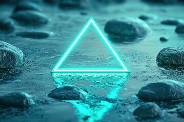 Wall Mural - Over water puddles, a small triangular pastel mint neon frame casts a soft glow on scattered smooth rocks.