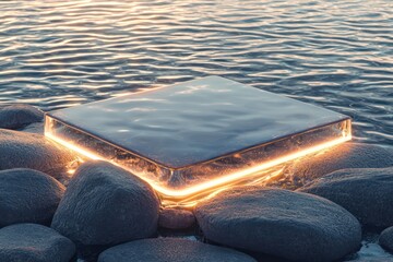 Wall Mural - Reflective shimmering ripples enhance the serene setting of a rectangular podium with transparent glowing edges over polished river stones.