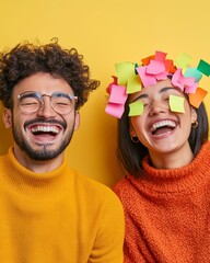 Aufkleber - Contemporary Team Dynamics Vibrant Office Humor with Colorful Handmade Sticky Notes - Boosting Creativity and Collaboration in Modern Workspaces with Rustic Craft Aesthetics