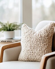Aufkleber - Scandinavian-Inspired Living Space Wheat Stitch Crochet Pillow on Beige Sofa Eco-Friendly Textiles for Modern Home Styling and Sustainable Interior Design