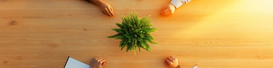 Poster - Collaborative Workspace Aesthetic Diverse Team with Minimalist Wooden Table and Greenery Centerpiece - Professional Integration and Eco-Inspired Corporate Creativity