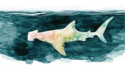 Wall Mural - Under the sea, A high-fidelity image of a glowing hammerhead shark swimming through dark waters.