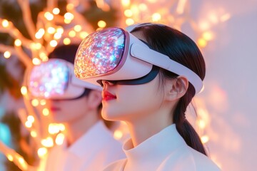 Poster - Neon Futuristic VR Collaboration Korean Startup Innovators in Sleek Minimalist Workspace with Holographic Prototypes - High-Tech Business Solutions and Teamwork Efficiency