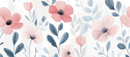 Wall Mural - Floral seamless pattern with soft pastel blooms and leaves ideal for fabric or wallpaper design in a charming, delicate aesthetic.