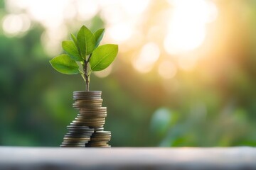 Aufkleber - Eco-Chic Financial Growth Topiary Tree on Stacked Coins in Natural Light - Wealth Management Inspiration and Green Investment Strategies