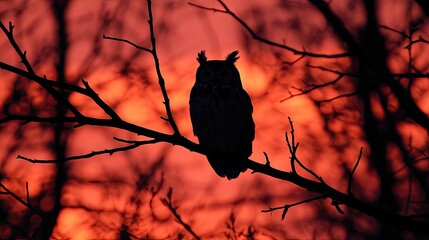 Wall Mural - Owl Silhouette Against Vibrant Sunset in Forest with Bare Trees