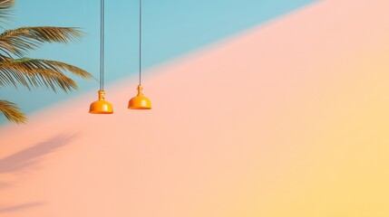 Poster - Bold Tropical Decor Vibrant Pendant Lights Against Pastel Geometric Backdrop - Modern Interior Design for Urban Residential Projects and Creative Workspaces