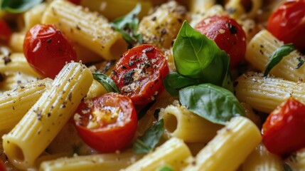 Wall Mural - Pasta Frittata with Cherry Tomatoes and Fresh Basil Garnish on Rustic Wooden Background