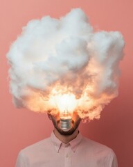 Leinwandbilder - Surreal Lightbulb Cloud Conceptual Art with Pink Textured Backdrop - Creative Industry Innovation Display and Modern Workspace Inspiration for Design Thinkers