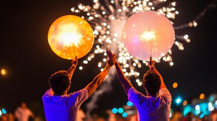 Poster - Dynamic Urban Festival Nights Colorful Street Parade with Fireworks and Illuminated Props Captivating Cultural Event for Entertainment Industry and Marketing Campaigns