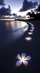 Wall Mural - Illuminated Flowers Along a Tropical Beach at Dusk - A Serene Sunset Scene with Glowing Flora.