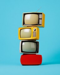 Fototapete - Retro TV Stack Art Vintage Electronics on Bold Blue - Nostalgic Media Evolution Display for Creative Marketing and Visual Merchandising in Contemporary Design Spaces