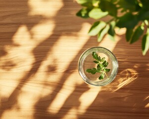 Poster - Rustic Wooden Serenity Fresh Herb-Garnished Water in Clear Glass - Eco Lifestyle Image for Organic Wellness Promotion and Sustainable Beverage Branding