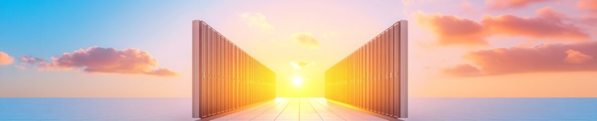 Fototapete - Futuristic Sunset Data Center Advanced Server Racks with Sleek Cable Management - Next-Gen Networking Facility and Cloud Solutions for Modern Business Efficiency
