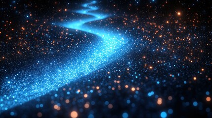 Wall Mural - Glowing blue river flows through sparkling dark space dust background, digital art