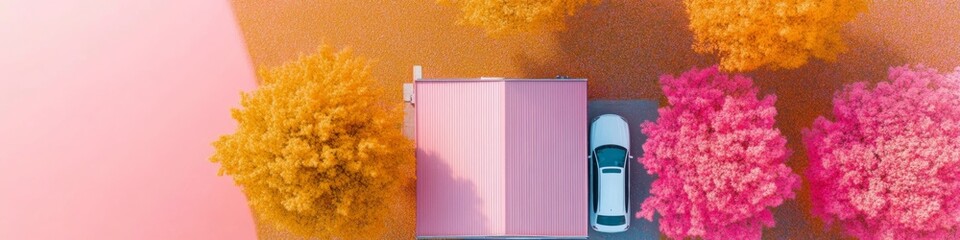 Poster - Vibrant Suburban Design Aerial View of Modern Cul-de-Sac with Bold Pink and Orange Trees - Real Estate Visualization and Community Planning Aesthetic for Urban Development