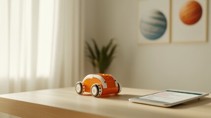 Fototapete - Bright Interactive Robotics Colorful Wooden-Desk Robot Kit with Coding Tablet in Space-Themed Childs Room - Inspiring STEM Learning and Modern Educational Design