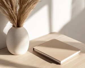 Poster - Minimalist Workspace Design Light Wood Desk with Pampas Grass and Beige Notebook for Modern Home Offices - Sustainable Decor and Remote Work Innovation