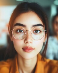 Poster - Corporate Collaboration Young Asian Professional in Contemporary Glasses with Holographic Data Overlay - Enhancing Financial Insights for Modern Business Innovation