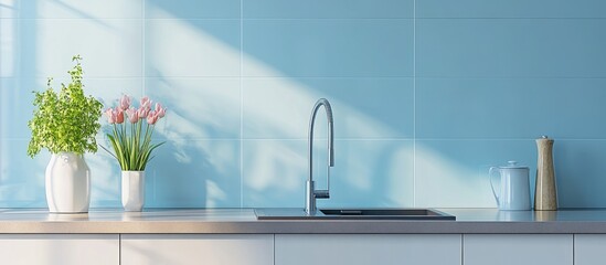 Wall Mural - Contemporary kitchen featuring pastel blue ceramic tiles with modern faucet and decorative plants in a bright environment