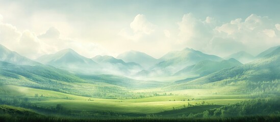 Sticker - Serene Green Pasture Landscape with Mountains Evoking Tranquility and Ideal for Nature Themes with Space for Custom Text