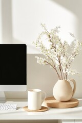 Poster - Minimalist Digital Workspace Dual Monitor Wood Setup with Ceramic Mug and Blossoming Decor - Modern Home Office Efficiency and Aesthetic Productivity Enhancer