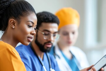Aufkleber - Inclusive Healthcare Collaboration Diverse Medical Team Engaging in Patient Care with Digital Tablets for Modern Health Communication and Efficient Hospital Management