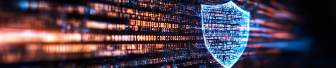 Fototapete - Futuristic Cybersecurity Graphic Glowing Digital Shield over Network Circuits and Binary Patterns - Essential Tech Imagery for System Fortification and Business Innovation
