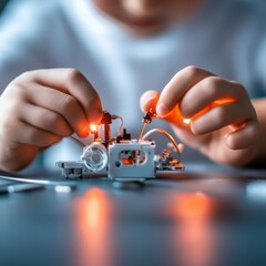 Aufkleber - Vibrant Tech-Toys in Play Close-Up of Kids Engaging with Interactive Robot Kits Featuring Colorful Components for Innovative STEM Education and Playful Learning