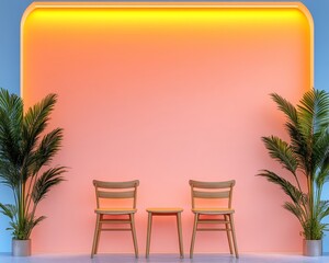 Poster - Mid-Century Modern Lounge Design Wooden Seating and Vibrant Backlighting in Minimalist Space - Hospitality Decor and Social Entertainment Venue Ambiance