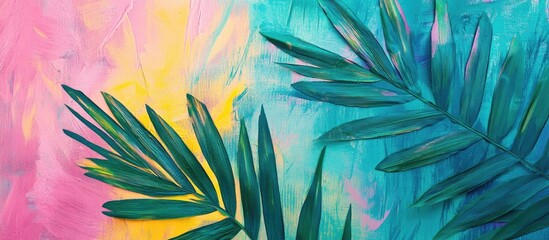 Wall Mural - Vibrant palm leaves against a colorful abstract background showcasing blends of pink, yellow, and turquoise for a tropical aesthetic.