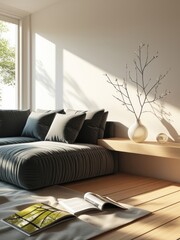 Wall Mural - Home interior design of white living room with wooden floor, home interior mockup