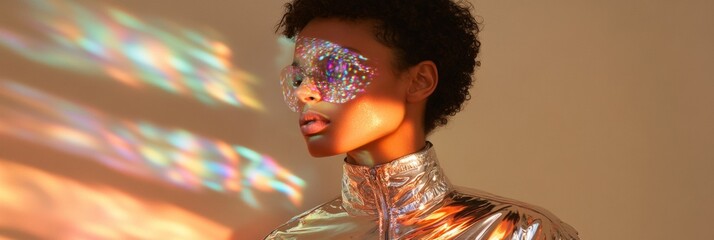 Aufkleber - Trendsetting Futuristic Fashion Metallic Silver Jumpsuit and Holographic Display in Warm Neon Loft - Cutting-Edge Editorial and Digital Experience Innovation