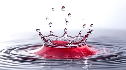 Poster - Vibrant red water splash creating droplet patterns against a clear transparent background  Creative modern and minimal liquid flow design concept