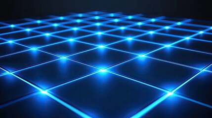 Blue grid network, digital technology, glowing lights, dark background, website header