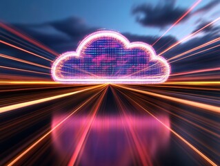 Aufkleber - Neon Cloud Network Display Illuminated Digital Cloud with Streamlined Data Lines - Innovative Tech Imaging for Futuristic Business and Digital Marketing Solutions