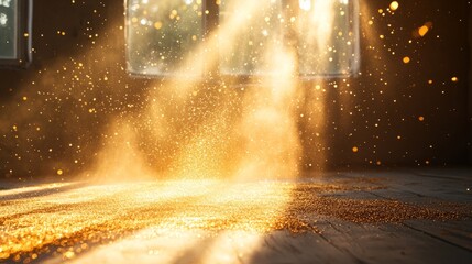 Wall Mural - a close-up view of swirling golden dust particles in a sunlit room, creating a magical atmosphere.
