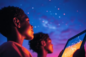 Aufkleber - Celestial Night Sky Engagement Teen Group Uses Interactive Technology for Constellation Exploration - Innovative Educational Tools and Strategic Outreach in Astronomy Education