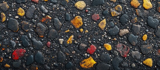 Colorful textured road surface featuring small stone fragments in red, yellow, and golden hues ideal for design backgrounds and artistic projects.