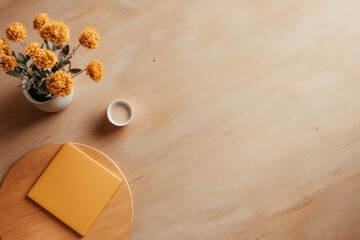 Poster - Rustic Minimalism Workspace Modern Oak Table with Yellow Notebook and Flowers - Creative Office Content for Innovative Business Environments and Collaborative Design