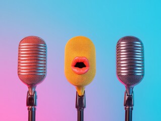 Aufkleber - Vibrant Retro Microphone Display Bold Lips over Diverse Styles on Gradient Background - Dynamic Media Production and Creative Expression in Modern Entertainment