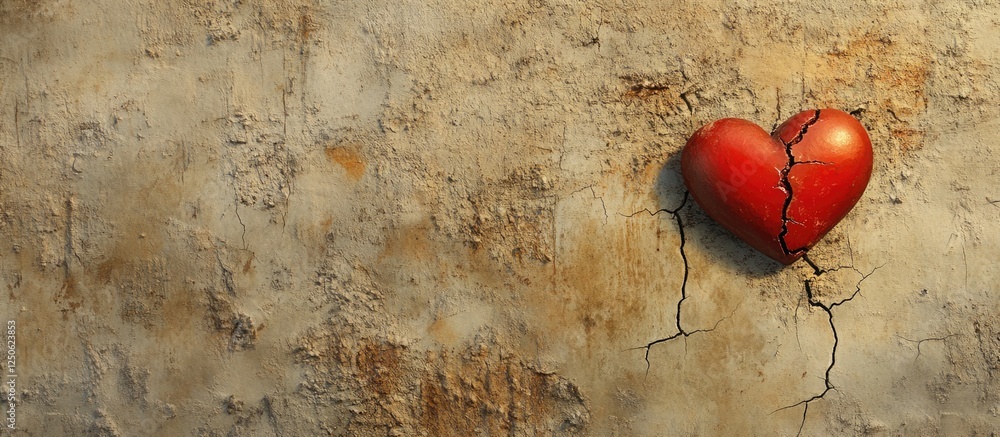 Red heart symbolizing heartbreak on cracked textured surface ...