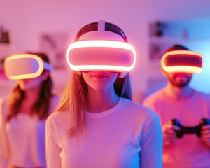 Aufkleber - Interactive VR Family Gaming Cozy Living Room with Soft Light, Wireless Controls, and Boundary Mat Cutting-Edge Entertainment for Modern Home Leisure and Digital Innovation