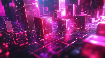 Wall Mural - glowing cubes on digital grid in neon cityscape, data stream backdrop