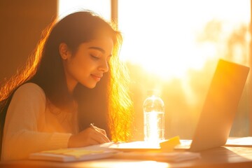 Fototapete - Sunlit Study Sanctuary Young Indian Female Student with Notebook and Laptop - Academic Focus and Inspiring Study Space for Modern Education and Motivation