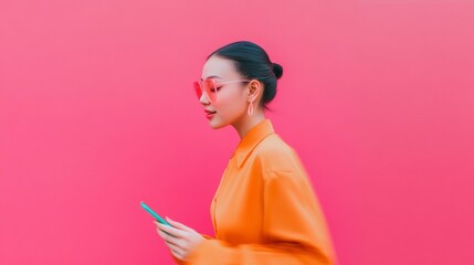 Poster - Vibrant Urban Connectivity Asian Woman Engages with Smartphone in Motion Against Bright Backdrop - Cutting-Edge Digital Marketing Imagery for Tech Engagement Strategies