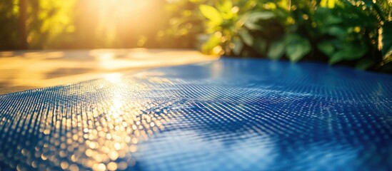 blue solar pool cover reflecting sunlight with a blurred background of foliage, highlighting summer 