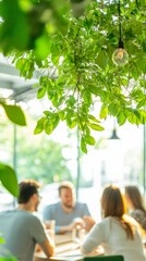 Aufkleber - Biophilic Office Experience Colleagues in Lush Green Workspace with Natural Light - Promoting Well-being and Modern Work Culture in Professional and Marketing Visuals