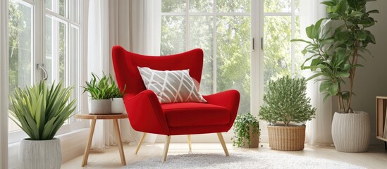 Wall Mural - Cozy interior with a vibrant red chair surrounded by lush greenery and natural light for a warm and inviting atmosphere